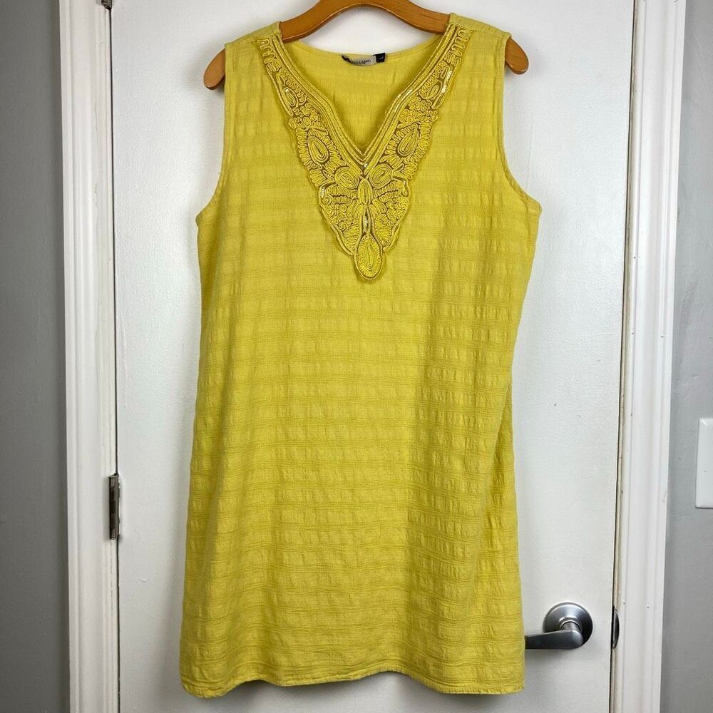 Lungo L'Arno Yellow V-neck Sleeveless Dress 100% Cotton Embroidered Sequin sz L